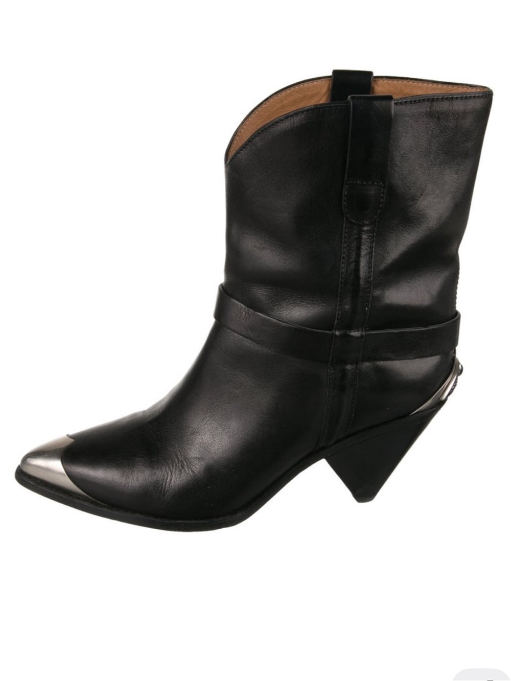 Isabel Marant Black Leather Western Ankle Boots FR 39 / US 8 Silver Cap Toe